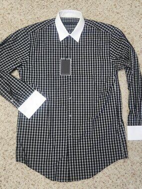 NWT men's shirt 15.5 black white check Sean John French cuff